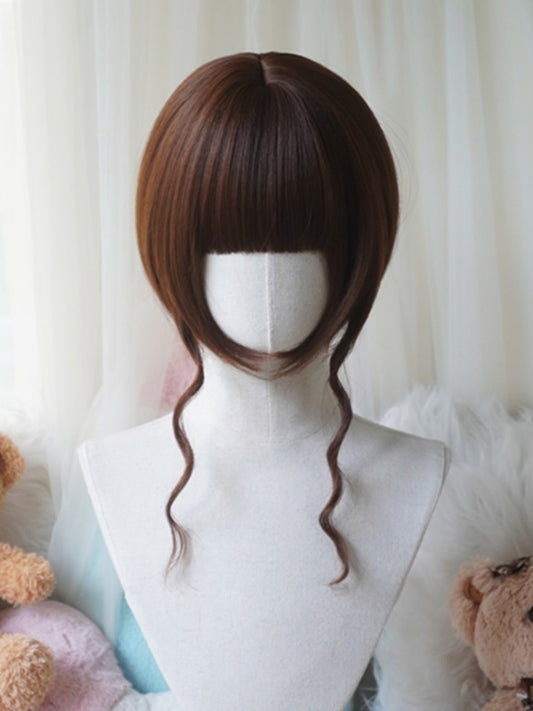 Caramel Bob Cut Straight Wig With Bangs＋Double Long/Short Ponytail Claw Clips