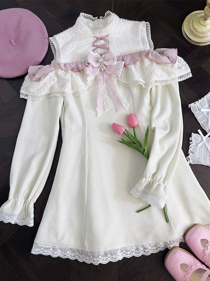 Jirai Kei Apricot Cutout Shoulder Lace Trim Long Sleeves Dress with Free Bow Tie