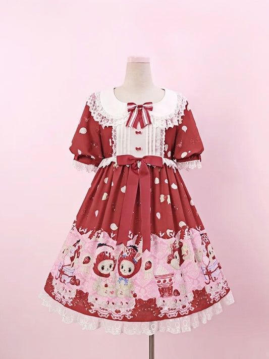 Cottagecore OP Lolita Dress Red Chiffon Country Strawberry and Bear Print Sweet