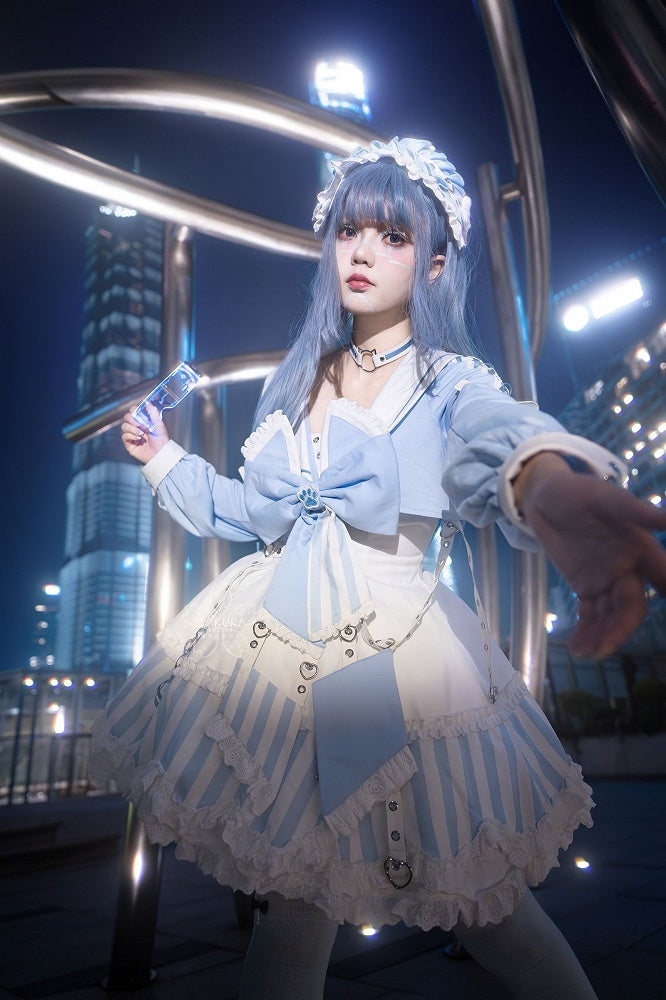 Kitty Light Bow Kaiwai Set Blue JSK Dress Cropped Tenshi Lolita Sailor Striped Big Top Pattern Ears + - Collar