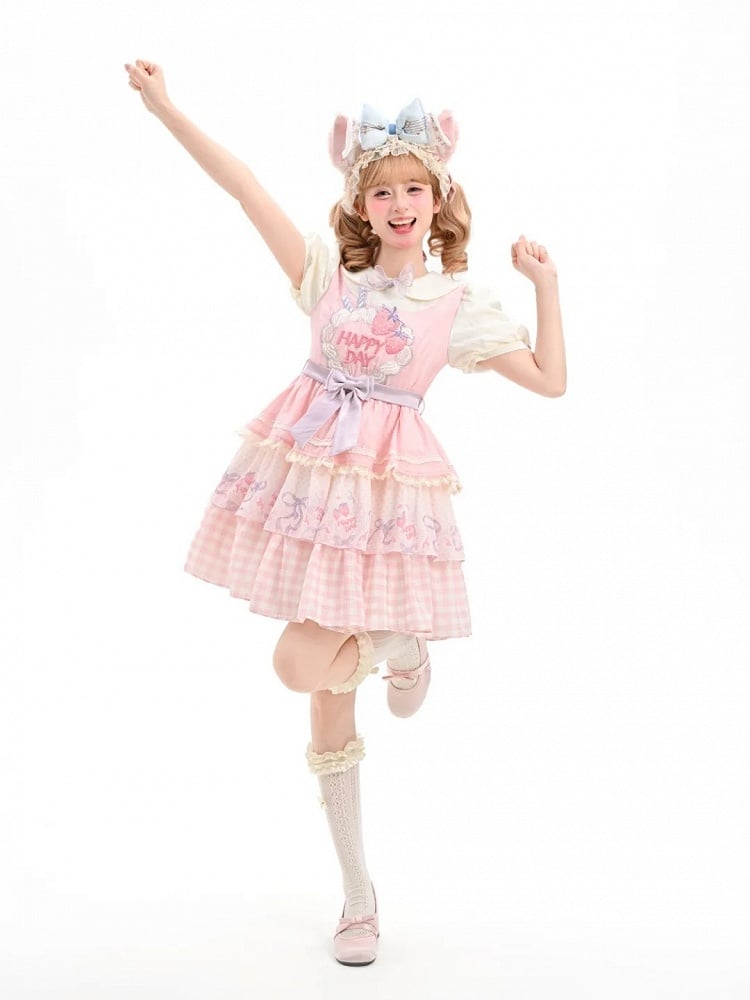 Strawberry Cake Embroidery Pan Tiered Lolita Dress Pink Skirt Peter Collar Sweet