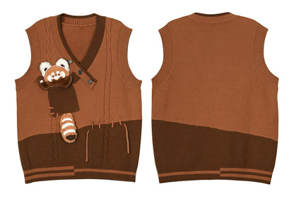 Cute Lesser Panda Brown Colorblock Knit Vest