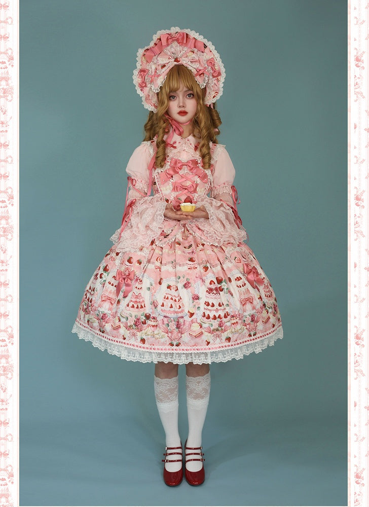 Full Print / Pink Set and JSK Lolita Desserts Sweet Strawberry Bow Accents