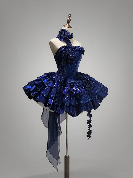Robe bouffante à volants et paillettes style lolita gothique à décolleté en V et à volants bleus Klein