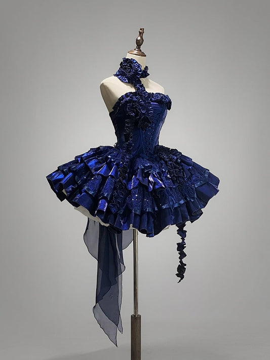 Neckline Roses Blue Klein Sequins Boning Puffy Goth Tiered Dress Lolita