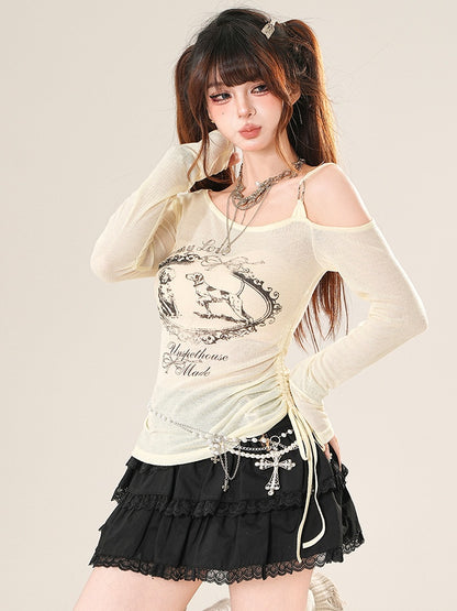 White/Beige Top Sleeves Neckline Asymmetrical Long Letter Print Puppy And