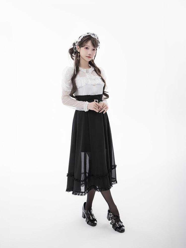 Blouse+Bow Tie White Illusion Neckline Juliette Sleeves Jirai Kei Lace
