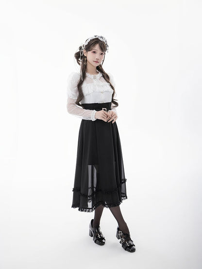 Blouse+Bow Tie White Illusion Neckline Juliette Sleeves Jirai Kei Lace