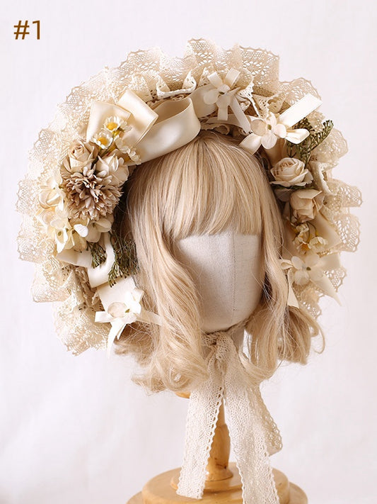 6 Options Cottagecore Country Lolita Bowknot Floral Bonnet