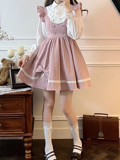 Pink Sweet Bowknot Lace Scoop Neckline Above Knee Striped Dress