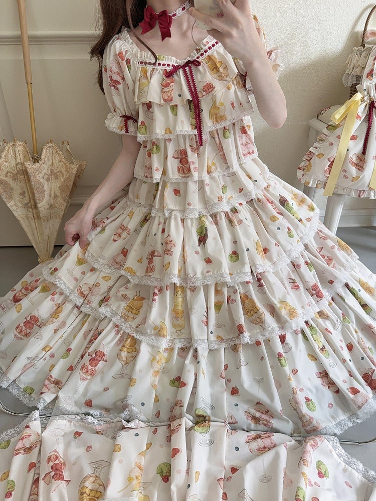 Short Parfait Fruit Top Sleeves Summer Print Cream
