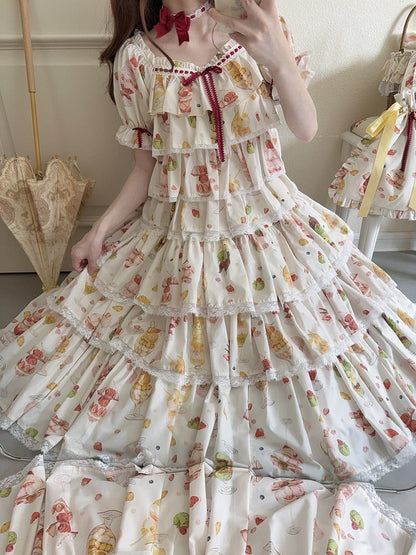 Short Parfait Fruit Top Sleeves Summer Print Cream