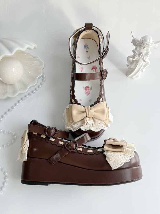 Lace Buckles Chocolate at Trim Heart Bow Top Platforms Brown