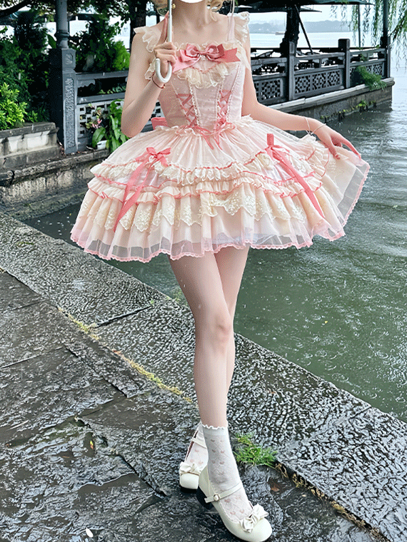 Bow Sweet Lolita Dress Flutter Pink Lace-up Bodice High Waist Sleeves with Big Jumper Skirt Detachable