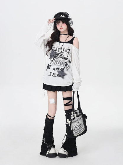 Star Y2K Print Open Shoulder Black/White Top Faux Two-pieces