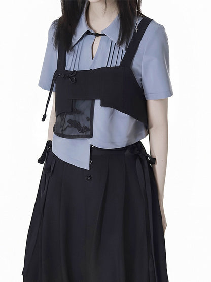 Button Cheongsam Style Top Embroidery Black Pine Tree Knot