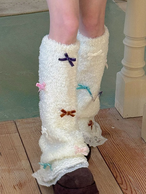 White Sweet Bowknot Lace Trim Leg Warmers