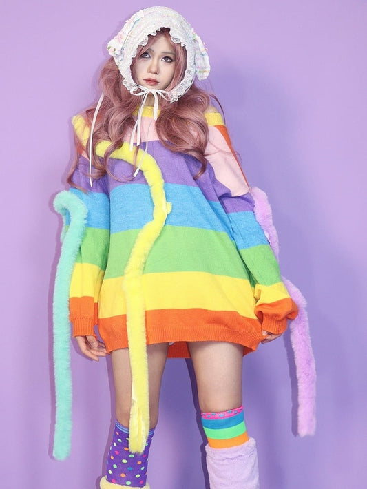 Y2K Striped Pattern Knitted Sweater Colorful Rainbow