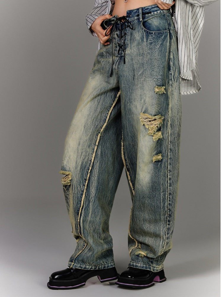 Closure Blue Low Vintage Jeans with Lace-up Waist Faded Wash Distressed Holes