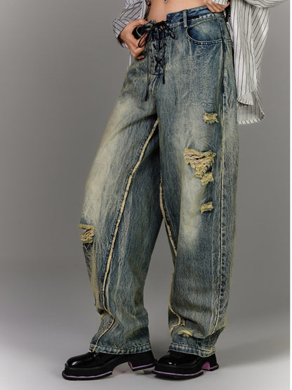 Closure Blue Low Vintage Jeans with Lace-up Waist Faded Wash Distressed Holes