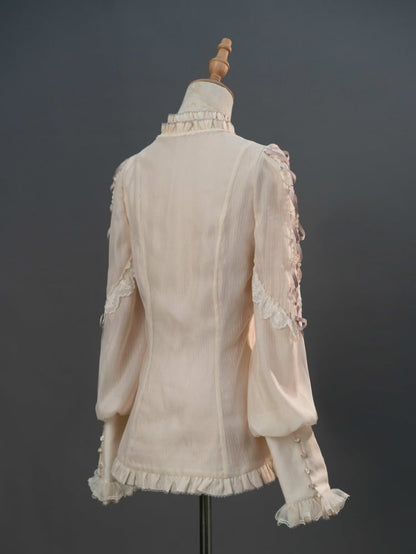 Beige and Purple Ruffle Crossover Neckline Long Sleeves Shirt
