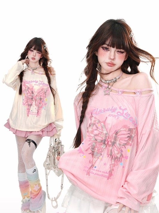 Graphic Pink/Apricot Asymmetrical Neckline Butterfly Embroidered Loose Top
