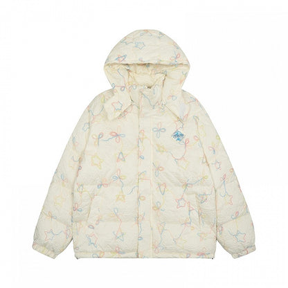 Milk White/Pink Stars and Bows Hooded Thick Jacket