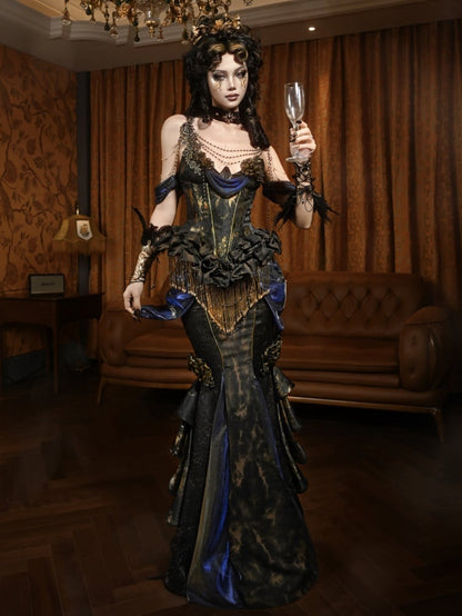 Black and Gold Tassels Boned Corset Top and Gold Chiffon Skirt