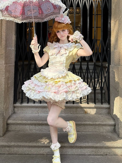 Theme Pink Yellow and Sleeves Puff Lolita Maid Sweet Bunny Dress
