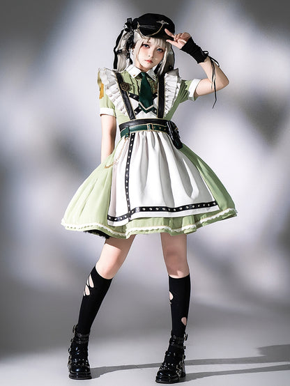 Flutter Military and Set Short Apron Green Dress Full Maid Light Lolita Sleeves
