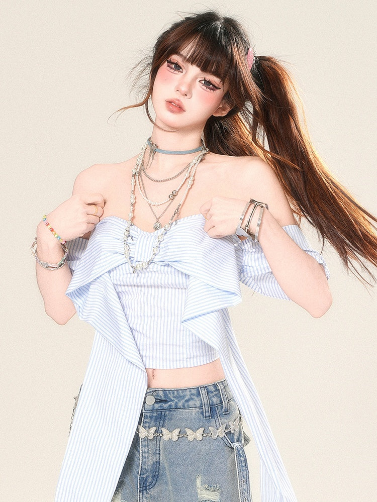Striped Neckline Glamorous Top Blue Big Bow Cropped