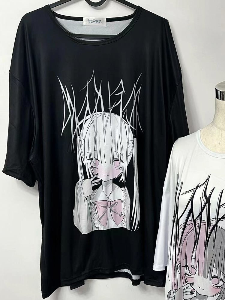 Schwarzes Cartoon T-Shirt Kei Jirai Print Letter And