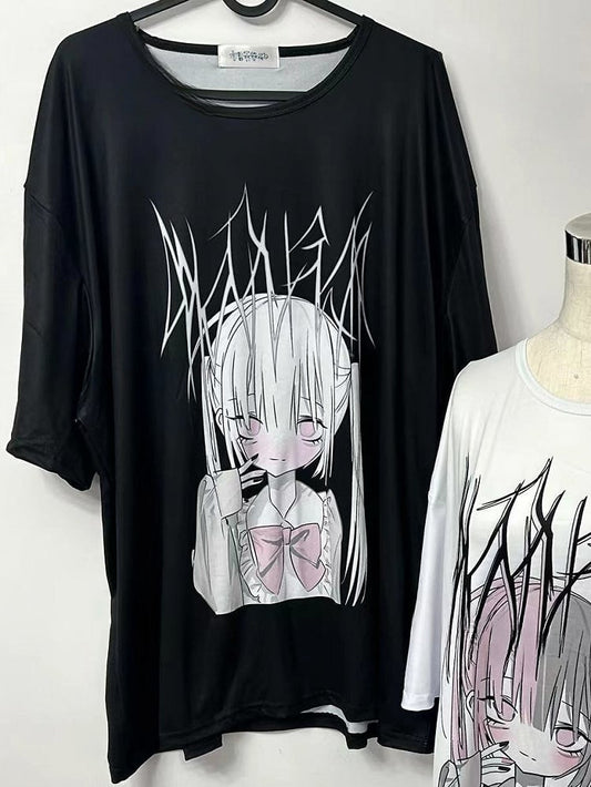 Schwarzes Cartoon T-Shirt Kei Jirai Print Letter And