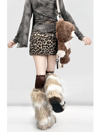 Coffee Leopard Shaggy Lined Fleece Skirt