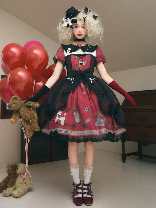 Robe Sweet Lolita noire et rouge à col Peter Pan et imprimé chiot et téléphone
