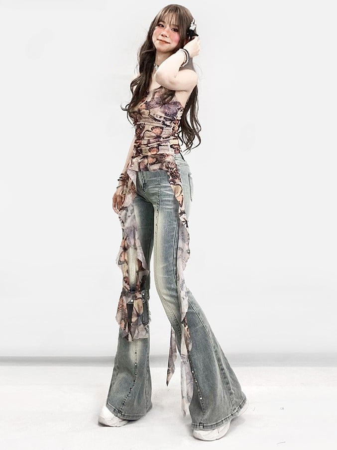 Decorated Jeans Faded Cuffs Y2K Frayed Glamorous Blue Raw Flare Pocket Silhouette Wash and