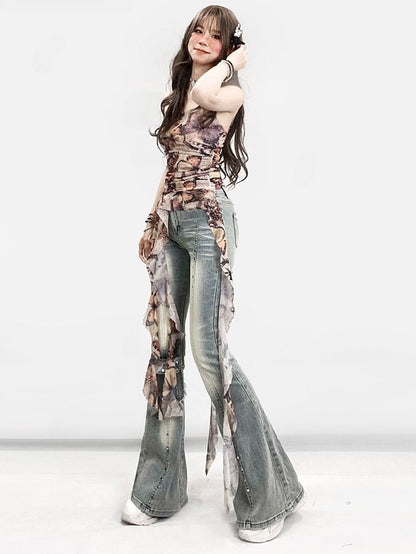 Decorated Jeans Faded Cuffs Y2K Frayed Glamorous Blue Raw Flare Pocket Silhouette Wash and
