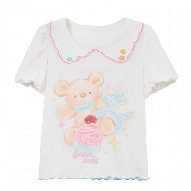 Cartoon Bear Print Hem White Peter Pan Collar Puff Sleeve Contrast Lettuce T-Shirt
