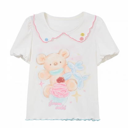 Cartoon Bear Print Hem White Peter Pan Collar Puff Sleeve Contrast Lettuce T-Shirt
