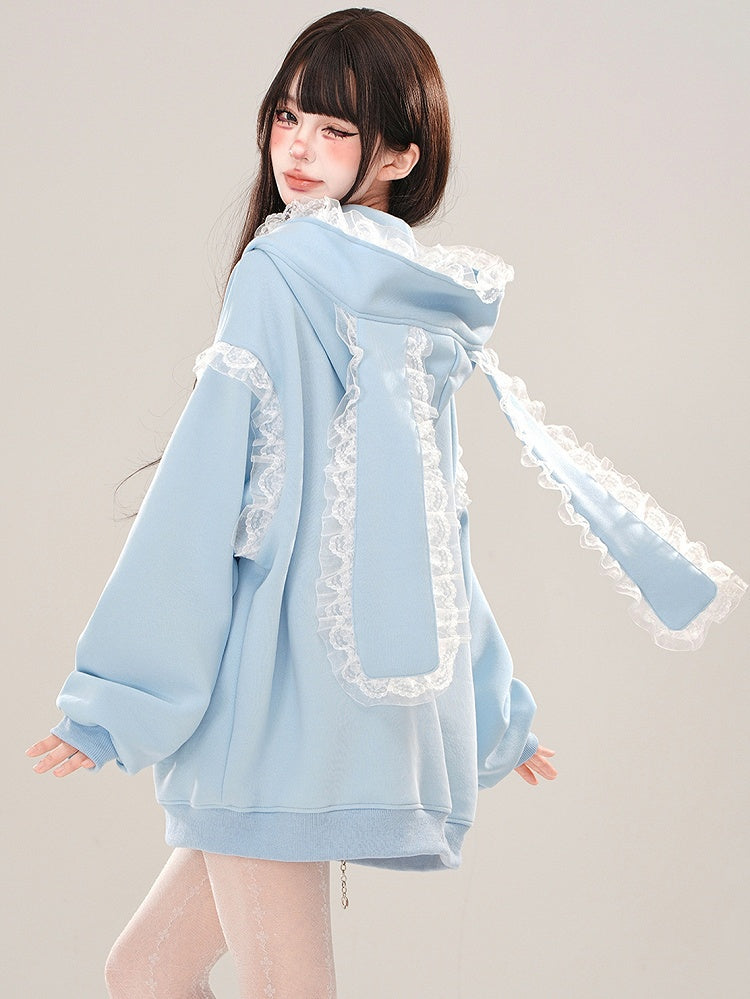 Blue/Apricot Bunny Ears Lace Trim Zip Hoodie