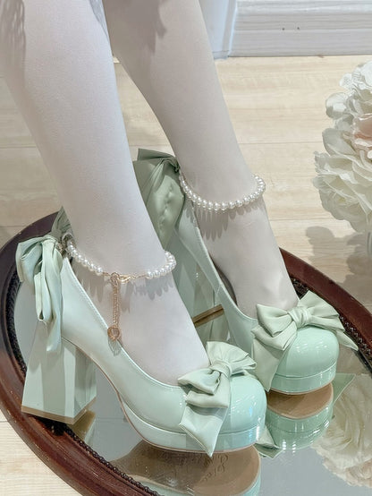 Grüne Lolita-Plateauschuhe mit Schleife und runder Mary-Schuh-Details