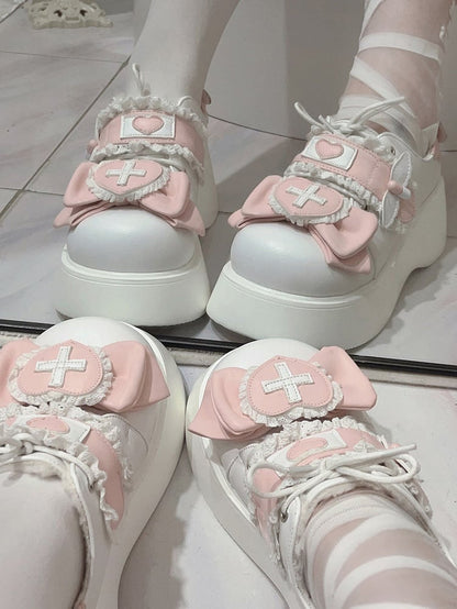 Jirai Kei Pink Yami Kawaii Cross Bowknot Lace-up Detail Platform Shoes