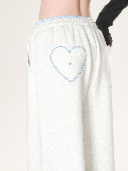 Embroidery Light Wide-leg Gray And Cut Letter Pants Trim Heart Lace