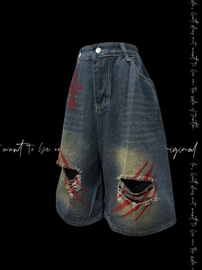 Print Blue Faded Holes Scratch Wash Distressed Wide-leg Denim Shorts