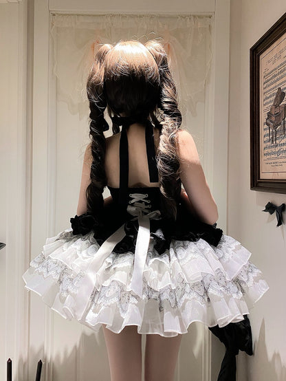 Balletcore Black Halter Dress Neck White Princess and Lolita