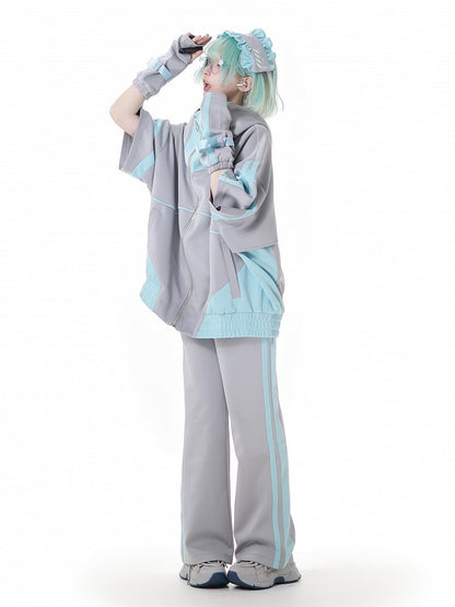 Sleeves Zipper Hoodie Green and Gray Jirai Kei Techwear Straps Design Short