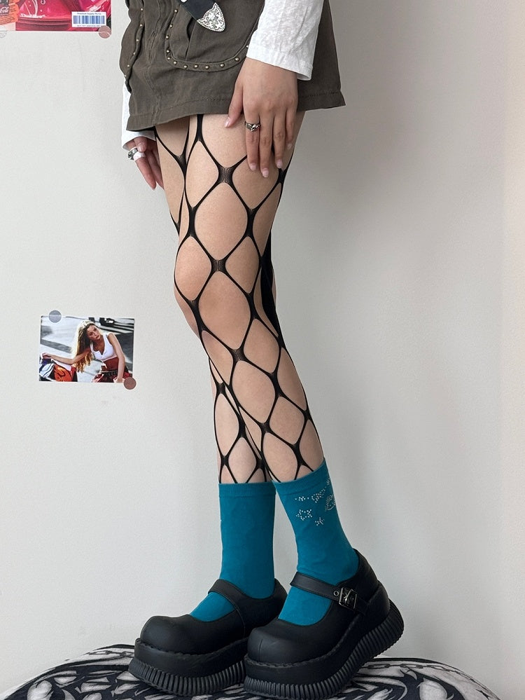 Tights Cut-out Black/Rose Red Fishnet Design Y2K