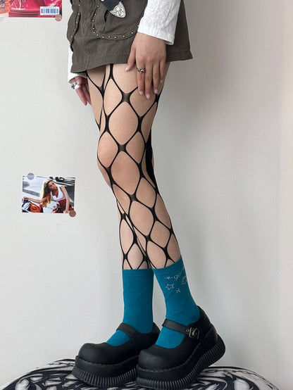 Tights Cut-out Black/Rose Red Fishnet Design Y2K