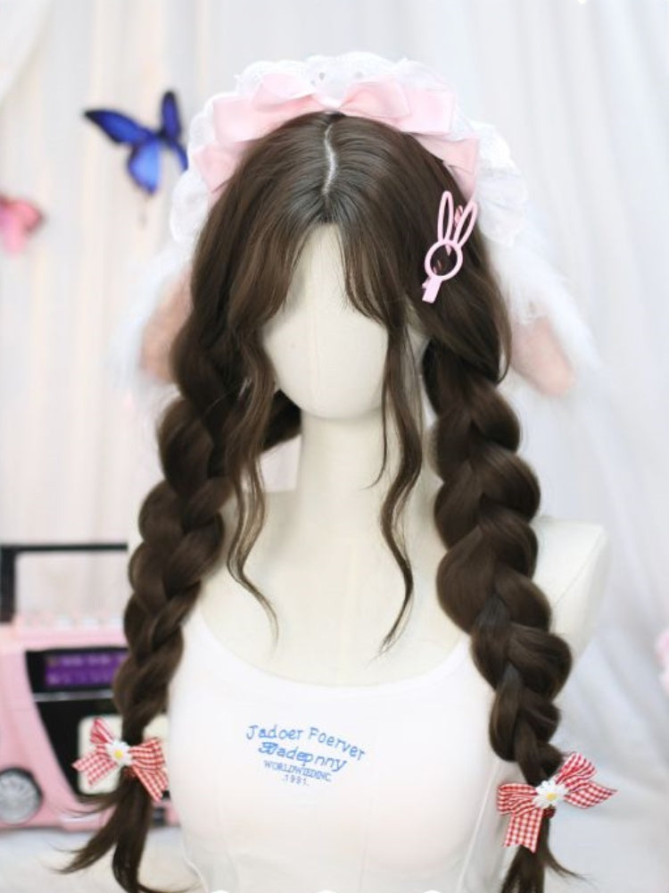 Gray Brown Under Bust Length Braids Wig with Wavy Curtain Bangs