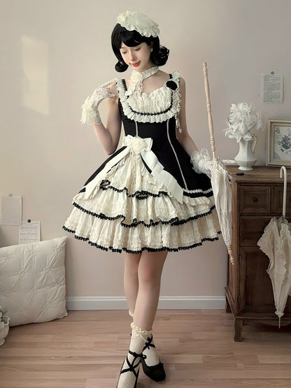 Jumper Beige Lolita Black Fit and Skirt Elegant Tiered Slim Waist